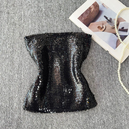 Elastic Slim Fit Stage Performance Outfit Heavy Sequin Wrap Chest Vest Tube Top in Pink Versatile Sexy Commute Sle ort Sl...