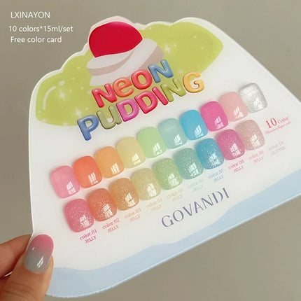10 Colors Candy Transparent Gel Nail Polish Glitter Lovely Color UV Soak Off Gel Varnish Jade Nail Art Gel Lacquer With Display