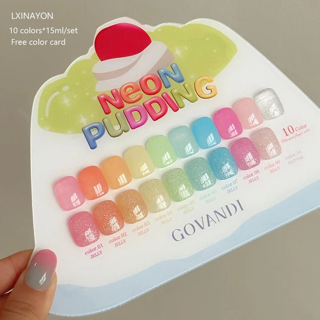 10 Colors Candy Transparent Gel Nail Polish Glitter Lovely Color UV Soak Off Gel Varnish Jade Nail Art Gel Lacquer With Display