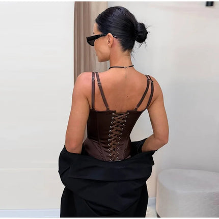 Sexy Double Layered Shoulder Straps Women Vest Elegant Backless Sleeveless Lace Up Female Top 2026 Spring Summer Lady Crop Tops