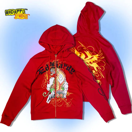 Retro American Rock Print Fleece Lined Hoodie Jacket for Women Punk Street Style Zipper Closure Long Sleeve Oversized Sweatshirt