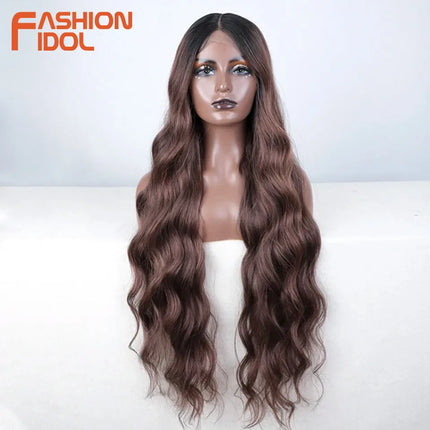 FASHION IDOL 36inch/90cm Body Wavy Lace Wigs Synthetic High Temperature Fiber Ombre Blonde Natural Hair Lace Front Wigs Cosplay