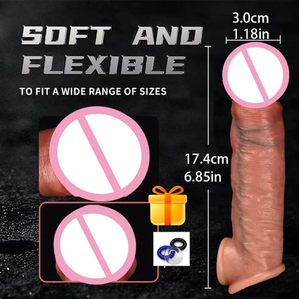 Reusable Realistic Soft Penis Silicone Condom Enlargement Cock Sleeve Extender Dildo Ring to Lock the Sperm Adult Men Sex Toys