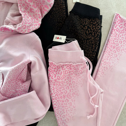 Streetwear Y2k Pink Leopard Print Sports Suit Women Gothic Punk Graffiti Slim Zipper Hoodie Fashion Sexy High Waisted Sweatpants