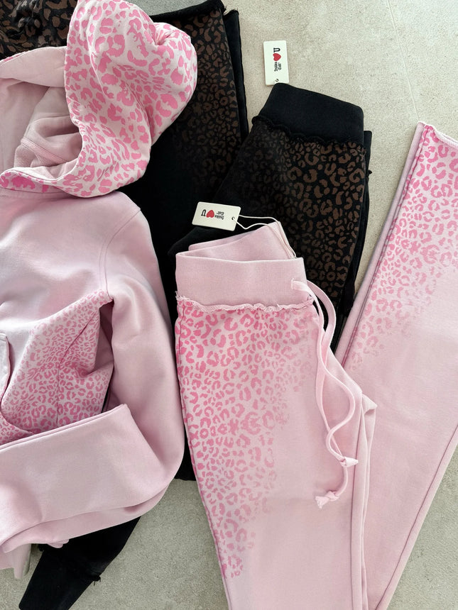 Streetwear Y2k Pink Leopard Print Sports Suit Women Gothic Punk Graffiti Slim Zipper Hoodie Fashion Sexy High Waisted Sweatpants
