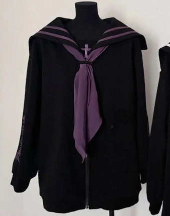 Japanese Subculture Mine Series Sweatshirt Gothic Cross Embroidery Navy Collar Long Sleeve Oversized Zipper Sweatshirt Jacket