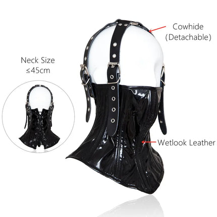 Adult Games Sex Toys of Sexy Wetlook Leather Neck Restraint Collars with Unisex Lockable Half Face Mask for Fetish BDSM Bondage