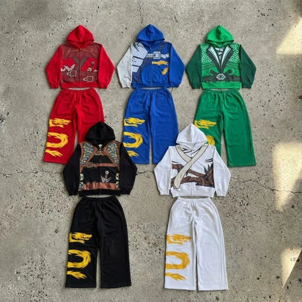 Ninja Warrior Armor Hoodie Set Men Dragon Graphic 2 Piece Suit Anime Inspired Streetwear Baggy Wide Leg Pants Tracksuit Outfit
