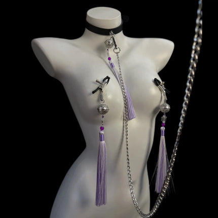 Purple Women's Fringe Nipple Clamps, SM Collar, Butt Plug, Bells, Couples' Teasing Adult Toys, Nipple Stimulation Sex Product
