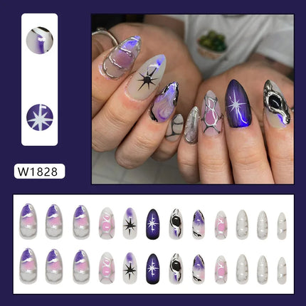 Thousands Stars 24 Pcs Press on Nails Pink Nail Polish Glossy Artificial Finger Manicure Reusable False Nails for Women