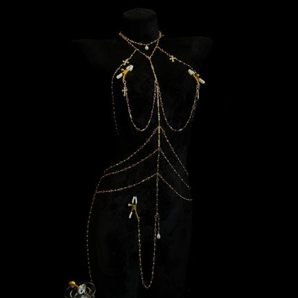 Rhinestone Sexy Chain Nipple Clamps One-Piece Body Chain Luxury Collar Includes Anal Plug and Vaginal Clamps BDSM Training Sexy