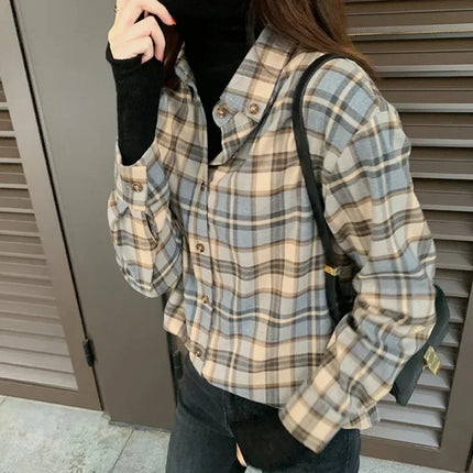 Korean Style 2024 Early Autumn Collection Loose Fit Vintage Hongkong Flair Plaid Striped Long Sleeve Shirt Women's Thickened Inn