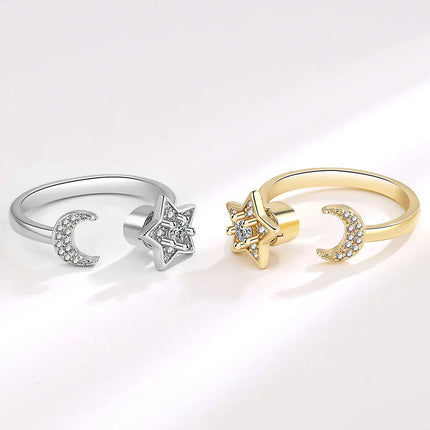 VENTFILLE 925 Sterling Silver Moon And Stars Zircon Rotatable Ring For Women Gift Diamond Relieve Stress Ring Jewelry Wholesale