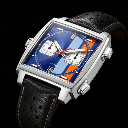 White Black Blue Leather Square Men Watch, VK63 Quartz Chronograph Wristwatch with Sapphire Crystal