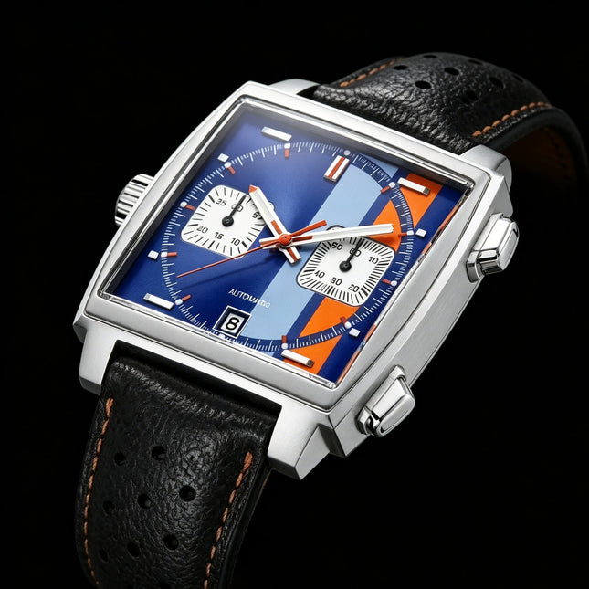 White Black Blue Leather Square Men Watch, VK63 Quartz Chronograph Wristwatch with Sapphire Crystal