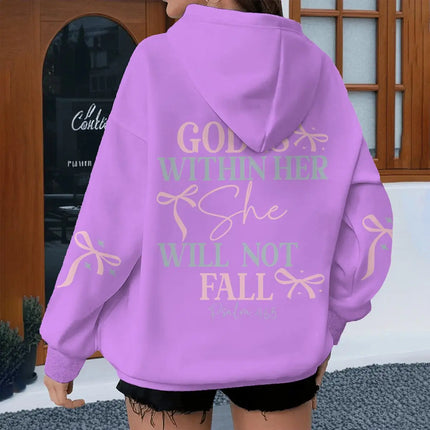 "God Is Within Her Will Not Fall" Print Hoodie Women Coquette Bow Pattern Christianity Hoody Fashion Jesus Female Hoodies