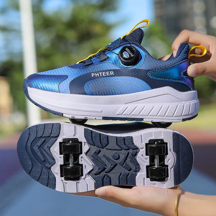 Kids Two Wheels Roller Skating Shoes with Light Magic Stick Walking Shoes, Detachable Wheels Roller Skate Shoes for Teenagers