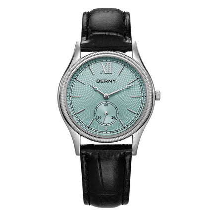 BERNY Watches for Men Luxury Slim Classic Stylish Dress Quartz Watch Stainless Steel Case Elegance Leather Band Wristwatch