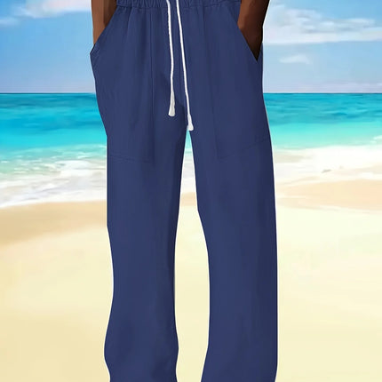 New spring and autumn men's Chinese-style solid-color cotton and linen trousers with multiple pockets and drawstring designs