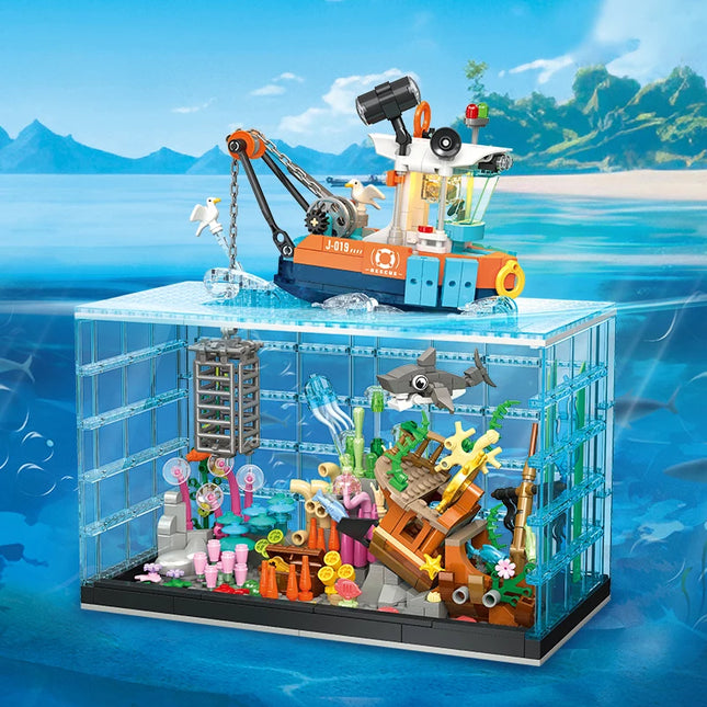 856PCS Diving Adventure Fish Tank with Lights Building Blocks Set, Creative Ornament, Educational Toy, Kids Birthday Gift