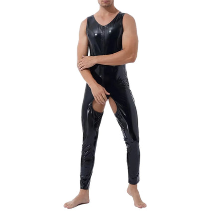 Mens Sleeveless Wet-Look PVC Catsuit Shiny PU Leather Crotchless Open Crotch Bodysuit Tights Sexy Cosplay Leotard Unitard Body