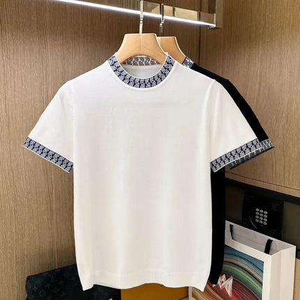 Luxury Men's Short Sleeve T-Shirt 2025 New Summer Trend Splicing Threaded Ice Silk Knitted Short Sleeve Men