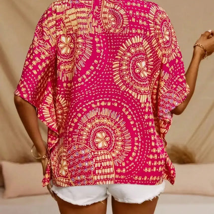 Plus Size 1XL-5XL Women's Fashion Print V-Neck Batwing Sleeve Blouse Top Ladies Casual Short Sleeve Summer Shirt Tops
