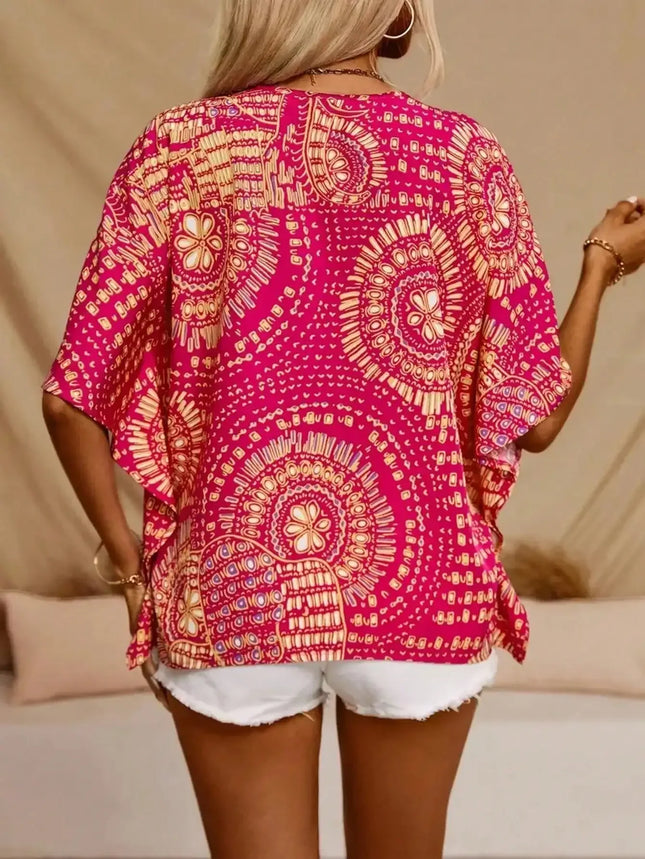 Plus Size 1XL-5XL Women's Fashion Print V-Neck Batwing Sleeve Blouse Top Ladies Casual Short Sleeve Summer Shirt Tops