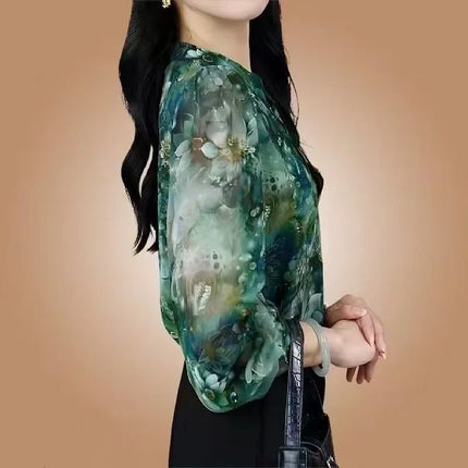 Elegant Silk Shirt Women Long Sleeve Autumn Winter New Style Fashion Floral Print Slimming Top Button Down Cotton Polyester