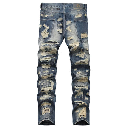 Men Ripped Denim Jeans Holes Distressed Patchwork Beggar Pants Embroidery Loose Straight Trousers