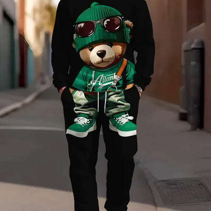 The new men's round-neck sweatshirt set for Spring and Autumn 2025 is a casual soft and comfortable 3D bear pattern print