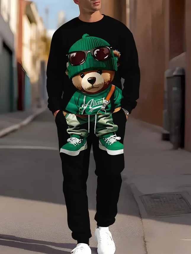 The new men's round-neck sweatshirt set for Spring and Autumn 2025 is a casual soft and comfortable 3D bear pattern print