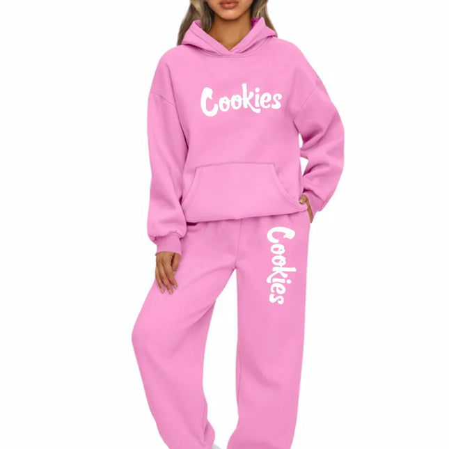 Women Hoodies Two Piece Sets Cookies Printing Hooded Sweatshirt Sweatpants Casual Suit Female Outwear and Trousers