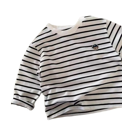 Children's Long Sleeved T-Shirt, Pure Cotton Breathable Base Shirt, Spring Boys and Girls Cartoon Teddy Bear Striped Base Shirt