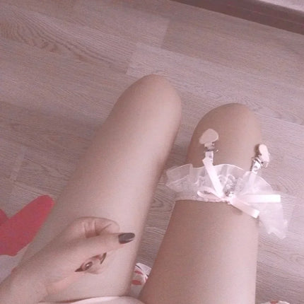 Women Lace Thigh Garter Bow Heart Leg Ring Sexy Suspender Socks Clip Kawaii Lolita Leg Loop Clip Garter Belt Stockings Garters