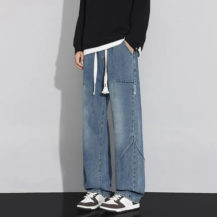High Streetwear Casual Men's Drawstring Cotton Jeans Spring Autumn Straight Denim Pant Male Loose Breathable Full-Length Trouser