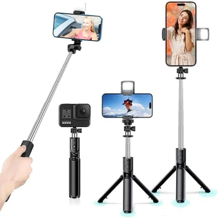 Live Streaming Bluetooth Wireless Selfie Stick Tripod Stand with Light Remote Extendable for iPhone Mobile Phone