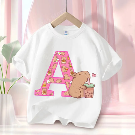 Summer Capibara Anime Letter A-Z Cute Printed Children's T-shirt Girls Short Sleeve Cotton Fashion Tops Kids Clothes Casual Tees