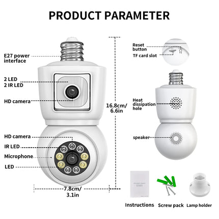 4MP wireless Wifi E27 bulb dual-lens camera safety protection CCTV baby monitor PTZ automatic tracking bidirectional audio ICSEE
