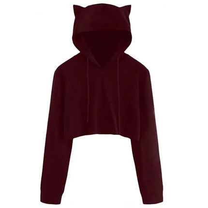 Cropped Short Belly Hoodie Pullover Cat Ear Cute Hooded Sweatshirt Solid Spring Casual Crop Top Coat For Women