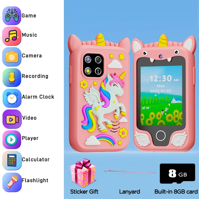 Mini Kids Smart Phone 8GB Cartoon Unicorn 2.8'' Stories Music Camera Habit Track Baby Mobile Toy Phone Educational Tools Gifts