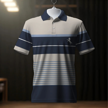 Men's Short Sleeve Casual3D Printed Golf Shirt - Black, Grey,White Stripe Pattern -Sports Style - Men's Summer Short Sleeve Polo