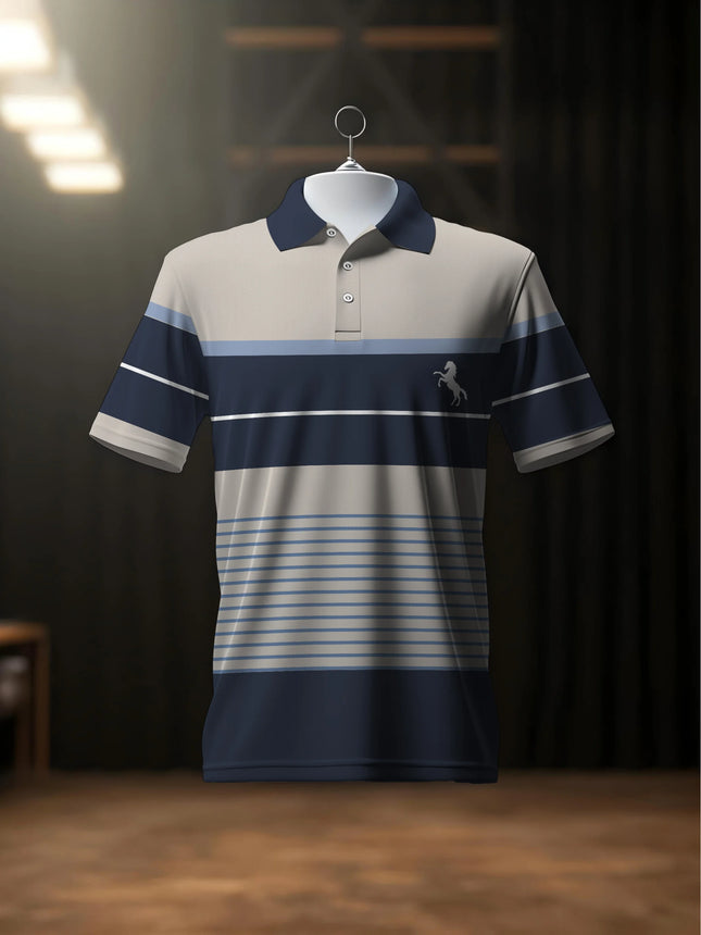 Men's Short Sleeve Casual3D Printed Golf Shirt - Black, Grey,White Stripe Pattern -Sports Style - Men's Summer Short Sleeve Polo