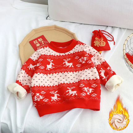 New Velvet Thickened Christmas T-shirt Children's Printing Sweatshirt Casual Children's Clothing For Winter New Year Gift