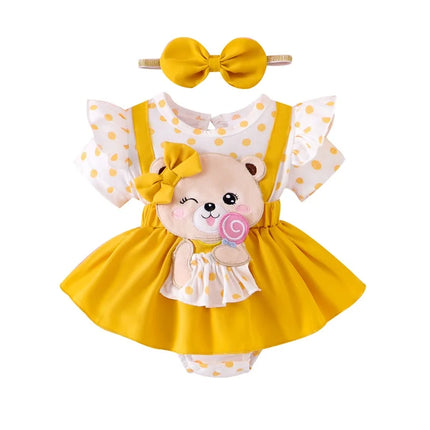 Pudcoco Baby Girls 2Pcs Summer Outfits Short Sleeve bear Embroidery Romper with Headband Set Newborn Clothes 0-18M