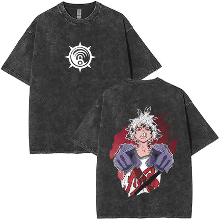 Washed Vintage Anime Gachiakuta Rudo Enjin Zanka Riyo Face Graphic T-shirt Men Women Casual Cartoon Manga Short Sleeve T-shirts