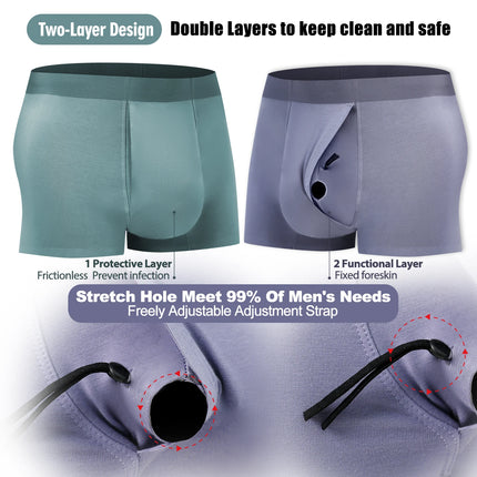 Men's Breathable Underwear Front Open Hole with Adjustable Ring Sheath Boxers Foreskin Long Therapy Enhanced Man Boxers Briefs