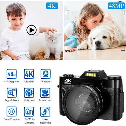4K HD Professional Digital Camera Camcorder WIFI Webcam Wide Angle 16X Digital Zoom 48MP Photography 3 Inch Flip Screen Recorder