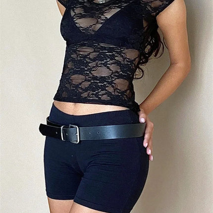 Women's Sheer Lace T-shirt Short Sleeve Round Neck Slim Fit Tee Tops Summer Beach Club Sexy See Through Shirts Cover-ups