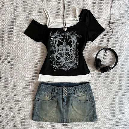 Women's 90s Vintage Punk T-Shirt Summer Streetwear Sexy Short Sleeve Gothic Slim Crop Top Hotgirl Casual Women's Tee Harajuku Y2k